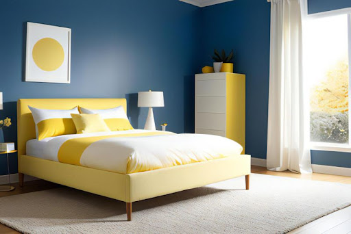 spálňa s modrými stenami a žltým nábytkom