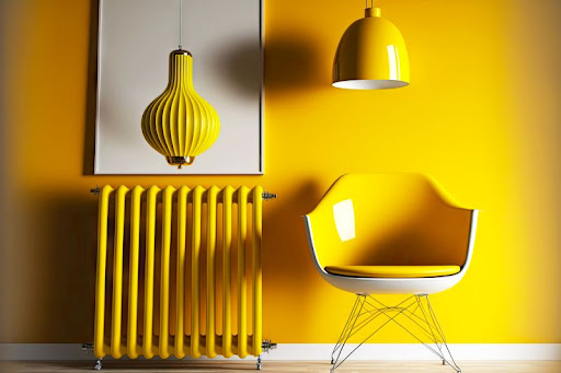 žltý interiér s kreslom, radiátorom a lampami
