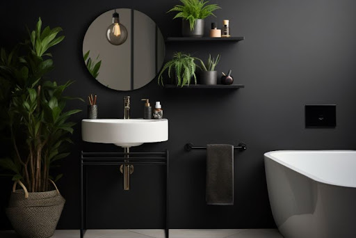 moderná kúpeľňa s čiernymi stenami a izbovými rastlinami