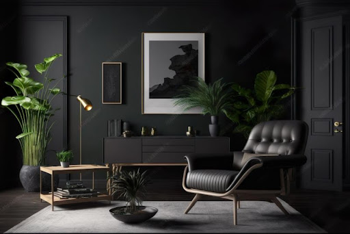 interiér čiernej farby s kreslom, komodou, rastlinami a doplnkami