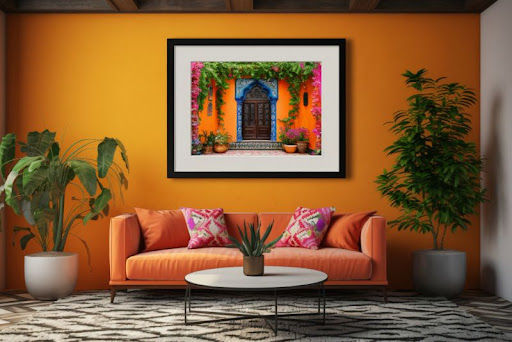 interiér s oranžovou stenou, pohovkou, obrazom a bielym stolíkom